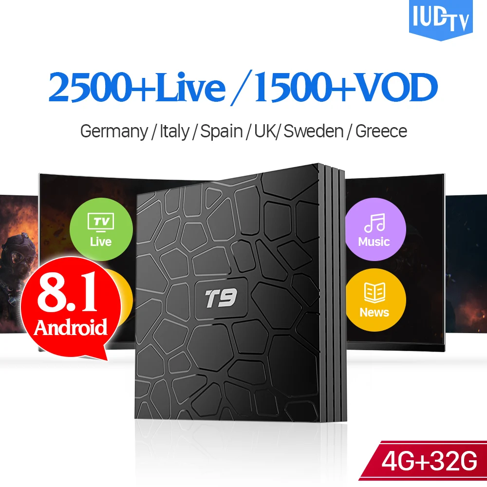 T9 IP TV Spain Android 8.1 2.4G/5.8G Wifi 4G 64G RK3328 Sweden Arabic Spain UK Germany Italia IUDTV IPTV Subscription Box
T9 IP TV Spain Android 8.1 2.4G/5.8G Wifi 4G 64G RK3328 Sweden Arabic Spain UK Germany Italia IUDTV IPTV Subscription Box