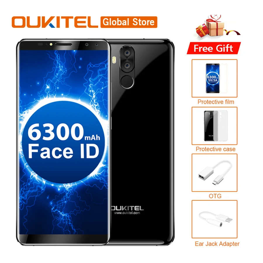 

OUKITEL K6 18:9 Full Display Face Unlock 6.0''FHD 6GB RAM 64GB ROM MTK6763 Octa Core 21MP 4 Cameras 6300mAh NFC Mobile Phone