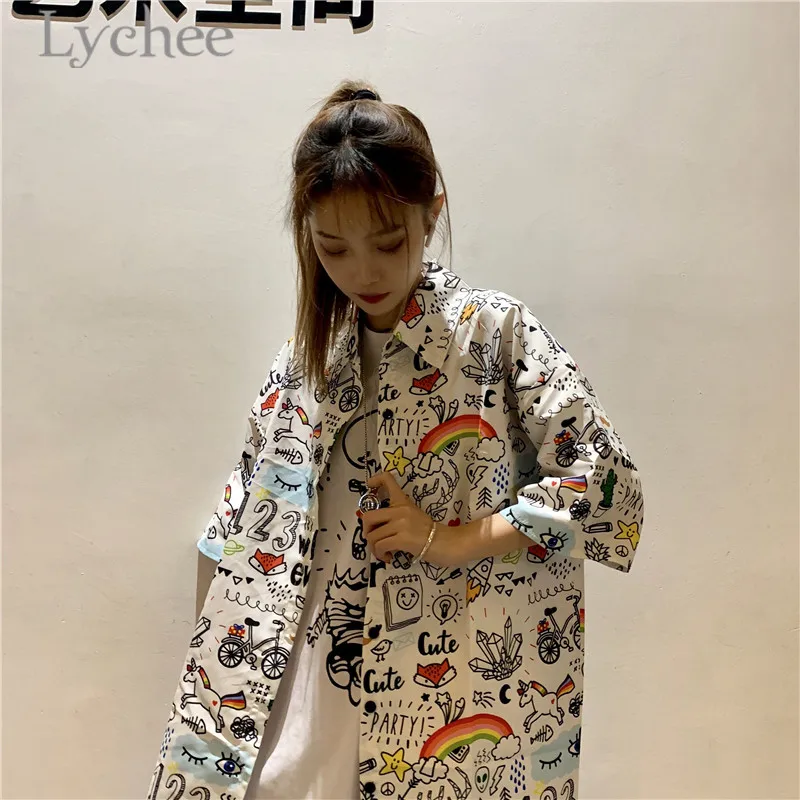 Lychee Harajuku Graffiti Rainbow Unicorn Female Shirts Blouse Turn Down Collar Half Sleeve Loose Summer Women Blouse
Lychee Harajuku Graffiti Rainbow Unicorn Female Shirts Blouse Turn Down Collar Half Sleeve Loose Summer Women Blouse