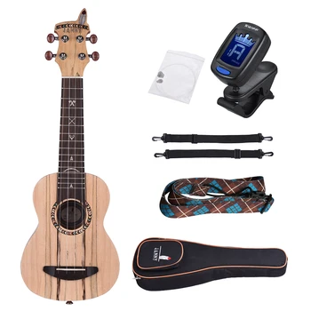 Ammoon 21" Acoustic Wooden Soprano Ukulele Ukelele Uke Spalted Maple Wood Carbon String with Strings Strap Clip-on Tuner