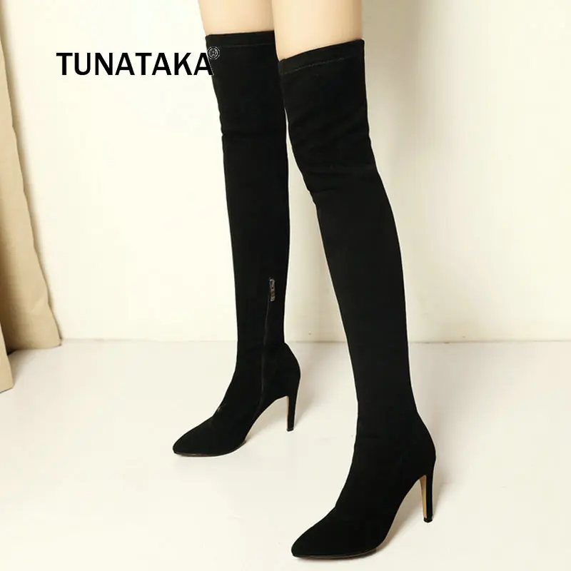 Image Back Zip Stretch  Sheepskin Women s Thigh High Stiletto Boots Sexy Over the Knee Boots Pointed Toe High Heels Long Boots Shoes