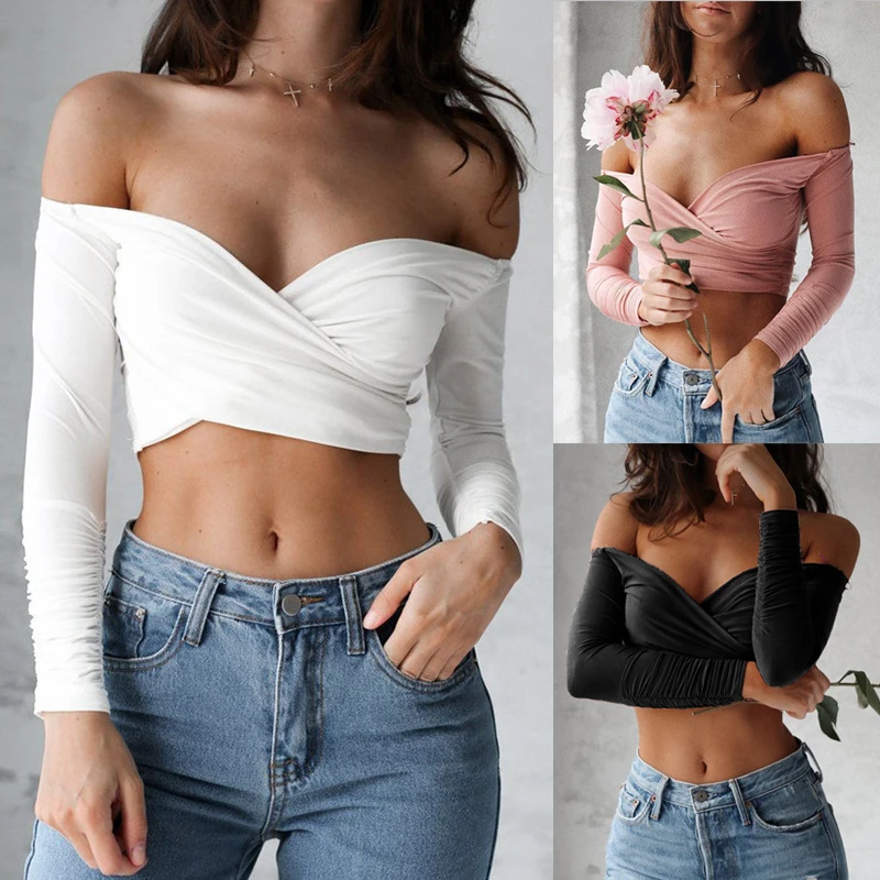 FUNOC New 2017 Summer Cotton T Shirt Women Fashion Tshirt Solid T-shirt Loose Casual Long Sleeve Shirt Off Shoulder Tees aeProduct.getSubject()