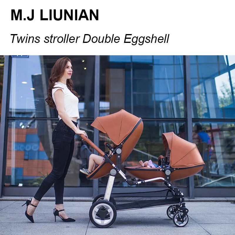 

NEW!Luxury leather Baby Eggshell seat stroller high landscape Multiple twin cart can lying and sit 18 kinds combo 2 in 1 trolley