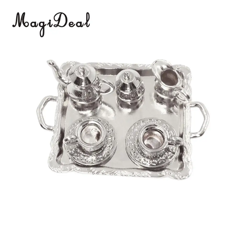 10Pcs Silver Alloy Tea Lid Pot Cups Tray Set for 1:12 Dollhouse Miniature Doll Home House Model Furniture Decor Accs