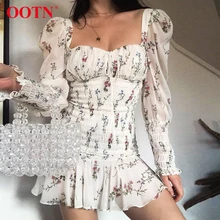 OOTN Blanco estampado Floral Boho Vestido de manga larga Sexy chifón Mini vestido Sexy elástico fruncido cintura mujeres playa verano vestido 2019(China)
