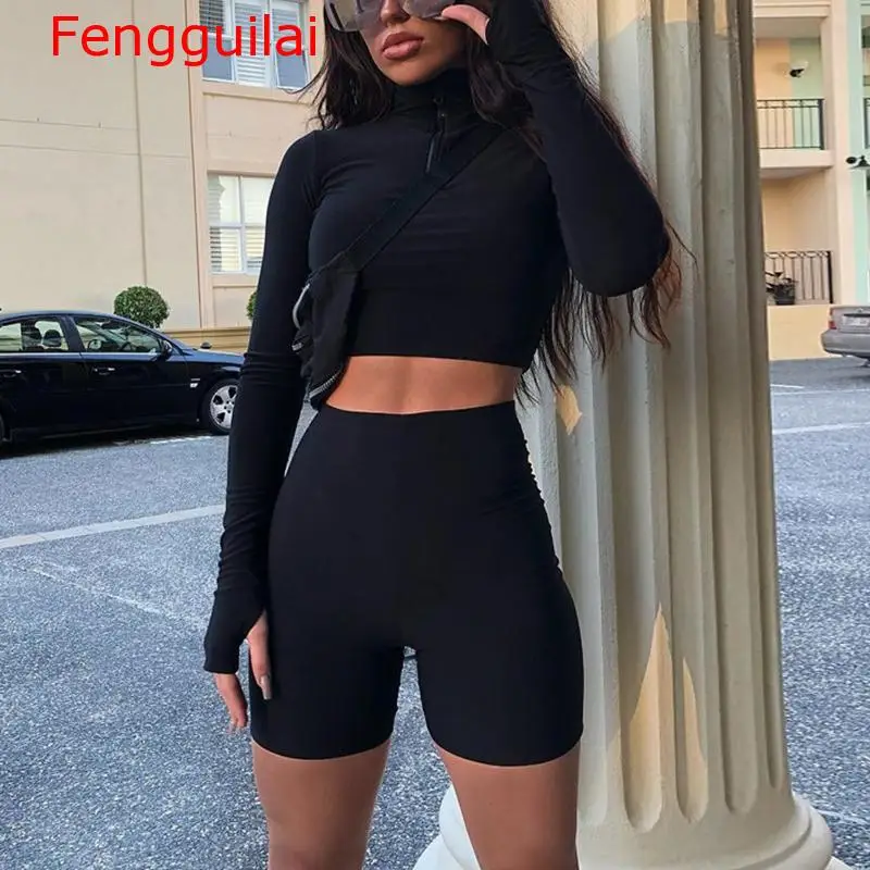 Women Sexy Two Piece Set 2019 Autumn Tracksuit Zipper High Neck Long Sleeve Crop Tops Biker Shorts Tight
Women Sexy Two Piece Set 2019 Autumn Tracksuit Zipper High Neck Long Sleeve Crop Tops Biker Shorts Tight