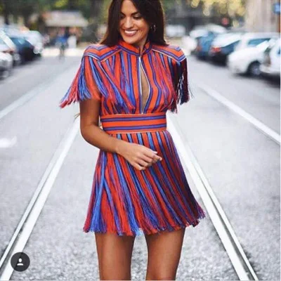 2017 European and Americal Fashion Runway Contrasting Striped Tassels Dress Women Party Dress
2017 European and Americal Fashion Runway Contrasting Striped Tassels Dress Women Party Dress