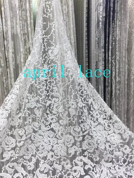 

stock HIG004# 5 yards offwhite luxury beads ivory french embroidery tulle mesh lace fabric for sawing bridal wedding dress