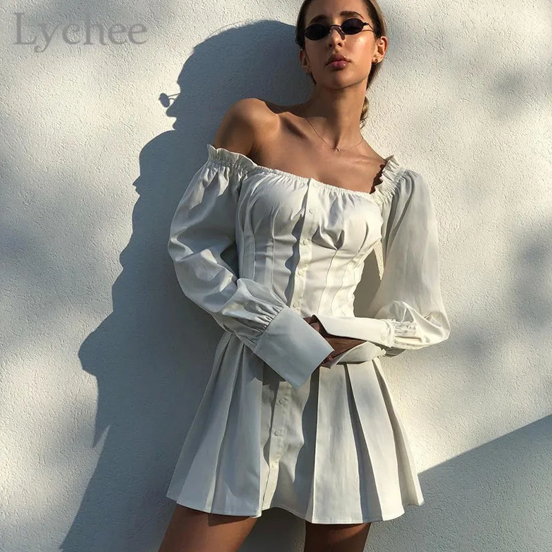 Lychee Sexy Off Shoulder Female Dress Button Solid Color Above Knee Long Sleeve Ruffles Slim Women Dress
Lychee Sexy Off Shoulder Female Dress Button Solid Color Above Knee Long Sleeve Ruffles Slim Women Dress