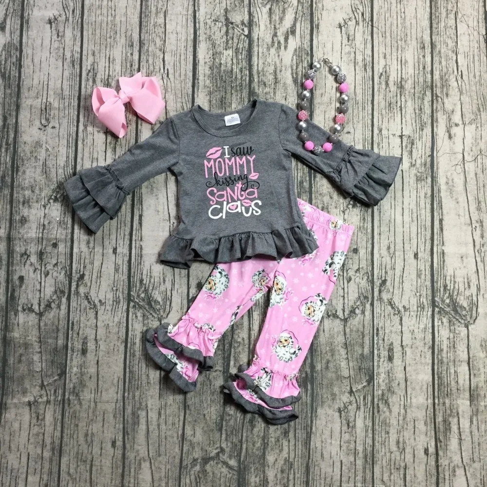 Christmas Fall/Winter baby girls outfits I saw mommy kissing Santa claus grey children clothes ruffle boutique match accessories
Christmas Fall/Winter baby girls outfits I saw mommy kissing Santa claus grey children clothes ruffle boutique match accessories
