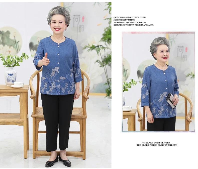 Grandma Mother Shirts Red Blue Green Flower Pattern Print Tops Women Round Collar Three Quarter Sleeve Blouses Button Front Shirt Woman Top (13)