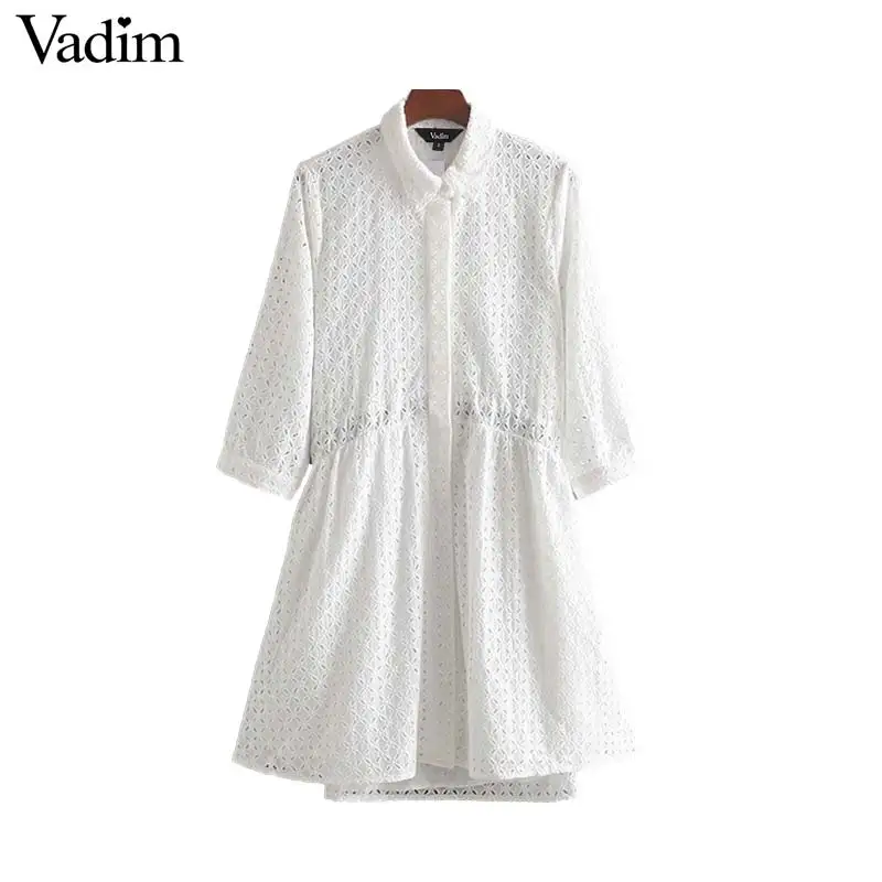 Vadim women solid white embroidery mini shirt dress sashes three quarter sleeve hollow out design female elegant dresses QB859
Vadim women solid white embroidery mini shirt dress sashes three quarter sleeve hollow out design female elegant dresses QB859