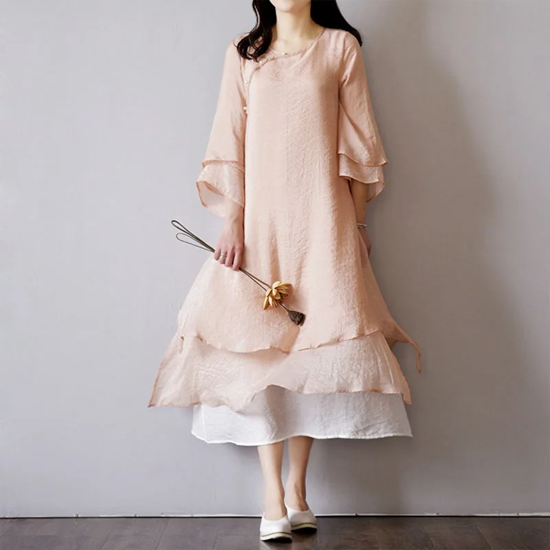 Mferlier Women Summer Elegant Retro Dress O Neck Oblique Button Fake Two Piece Ruffled Hem Cotton Linen Dress
Mferlier Women Summer Elegant Retro Dress O Neck Oblique Button Fake Two Piece Ruffled Hem Cotton Linen Dress