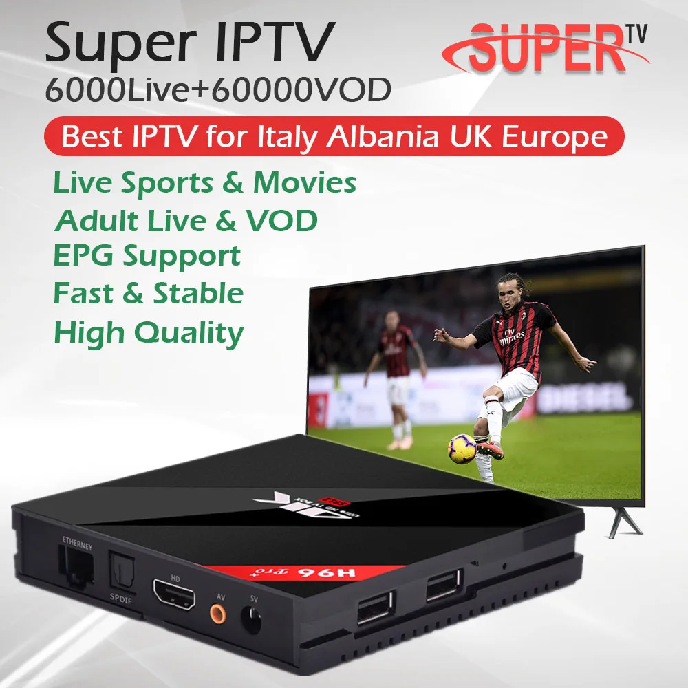 1 Year Super IPTV Subscription Europe Spanish IPTV+H96 pro Smart TV Box Android 3GB 32GB 6000VOD+6000Live Germany Italy IPTV Box
1 Year Super IPTV Subscription Europe Spanish IPTV+H96 pro Smart TV Box Android 3GB 32GB 6000VOD+6000Live Germany Italy IPTV Box