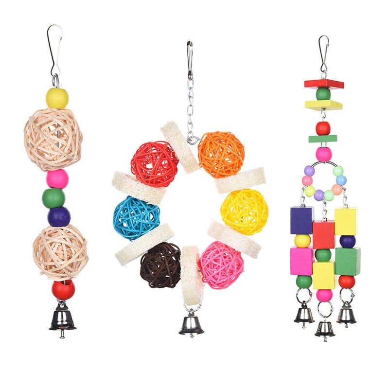 Mayitr Parrot Toys Pet Bird Bites Climb Chew Toy Hanging Cockatiel Parakeet Climb Chewing Cage With Bell Bird Toys Multi Styles