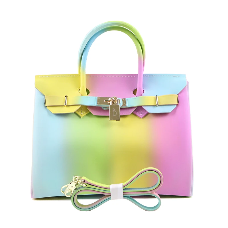 Caker New Fashion Rainbow Handbag Colorful Pvc Bag Jelly Tote Women Matte Purse Candy Top Handle Anti Theft Large Handbags Black Leather