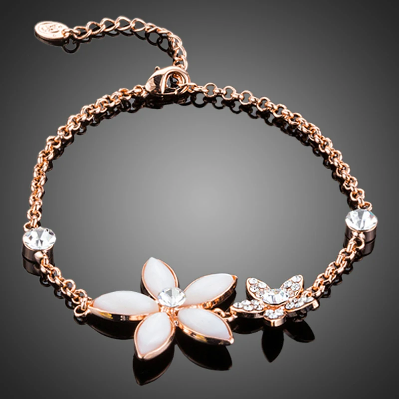 AZORA Rose Gold Plated Bracelet w/ 2 Flower Crystal Charms for Women