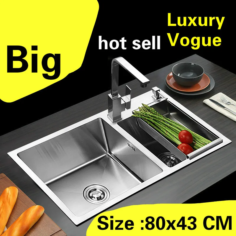 

Free shipping Apartment wash vegetables kitchen manual sink double groove vogue 304 stainless steel hot sell big 800x430 MM