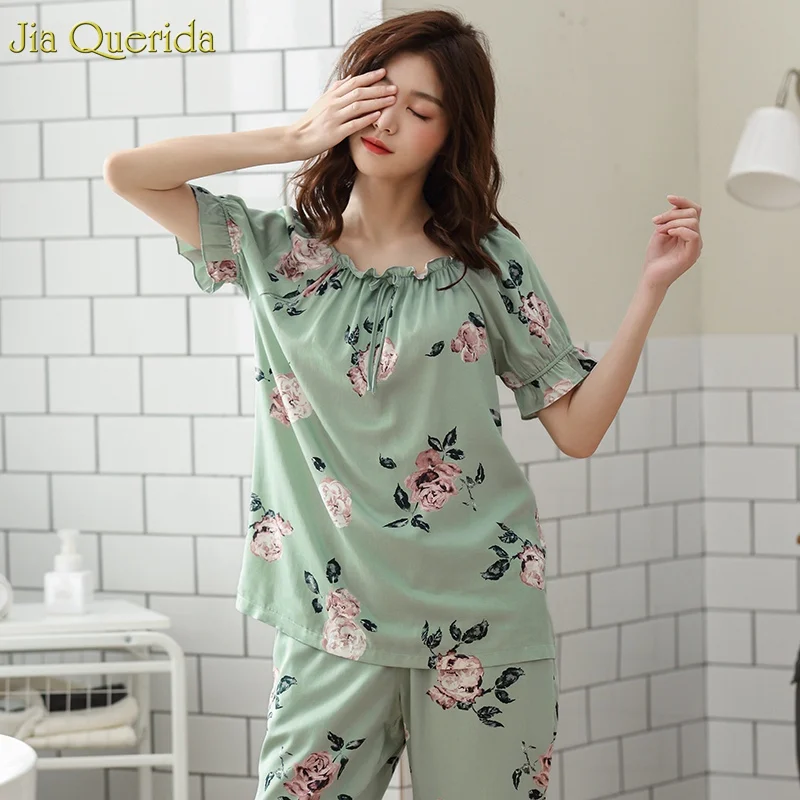 Fashion Womens Home Cltohing 100% Cotton Summer Short Sleeves Cropped Trouser Pajamas Set Green Floral Elegant Pyjamas Suit 2019
Fashion Womens Home Cltohing 100% Cotton Summer Short Sleeves Cropped Trouser Pajamas Set Green Floral Elegant Pyjamas Suit 2019