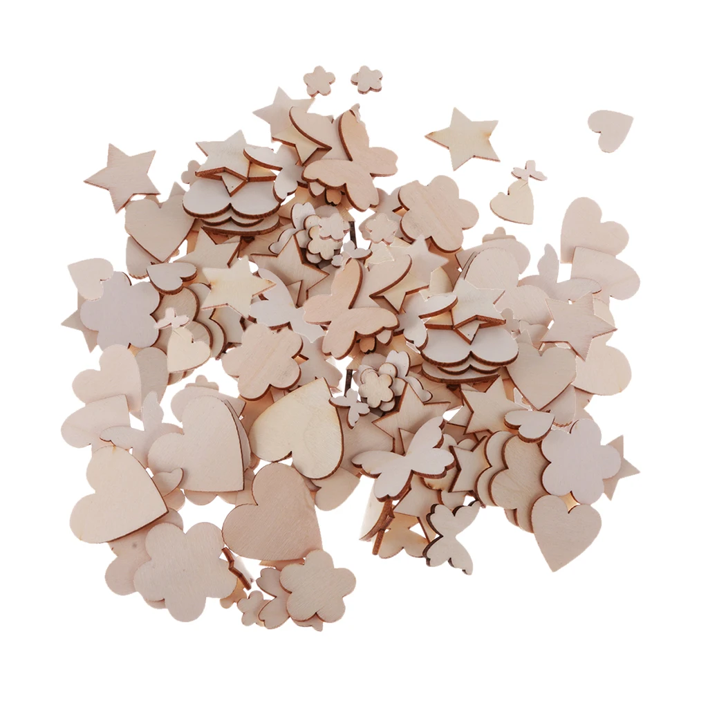 200pcs Assorted Shapes Natural Wooden Craft Embellishments MDF Wood Cutout Scrapbooking for DIY Art Wedding Decoration