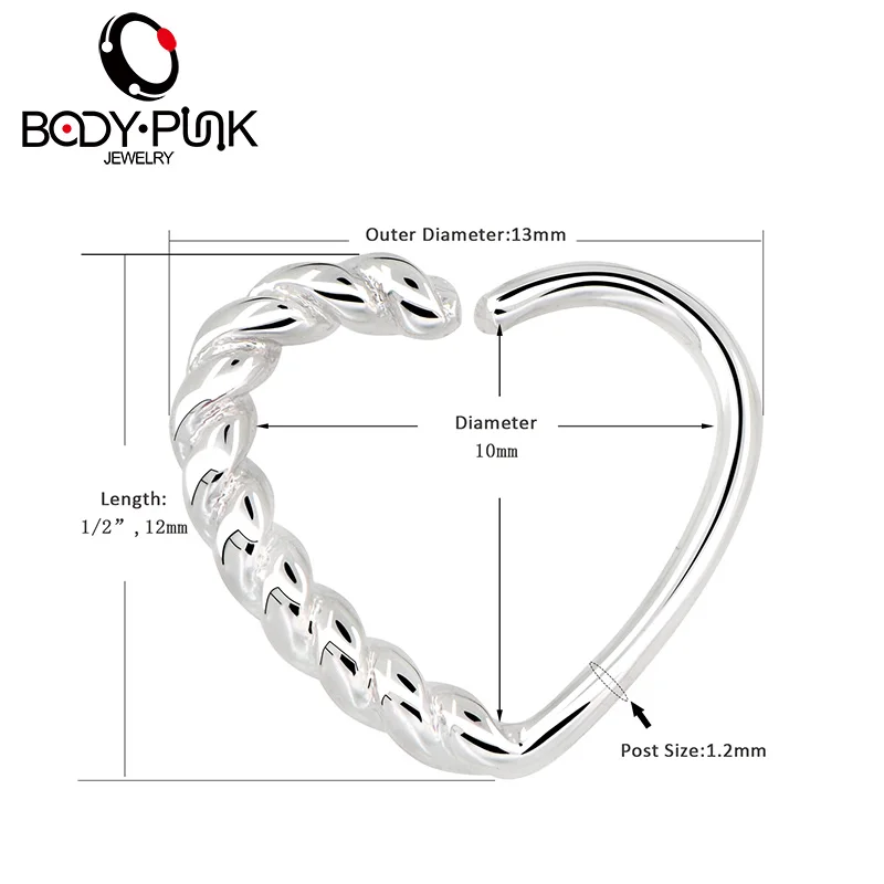 BODY PUNK 16G Multi-functional Heart Shape Twisted Cartilage Earring Hoop Fake Nose Ring Eyebrow Piercing Earring Tragus Jewelry  (7)