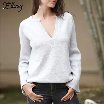 Ellacey Spring Autumn Fashion V-neck Sweater Women Flare Sleeve Casual Loose Sweater Ladies Knitted Pullovers Female Gray White
Ellacey Spring Autumn Fashion V-neck Sweater Women Flare Sleeve Casual Loose Sweater Ladies Knitted Pullovers Female Gray White