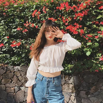 2019 Women Summer French Sweet Three Quarter lantern Sleeve Slash Neck Chiffon Shirt Casual Elegant Female Sexy Shirts
2019 Women Summer French Sweet Three Quarter lantern Sleeve Slash Neck Chiffon Shirt Casual Elegant Female Sexy Shirts