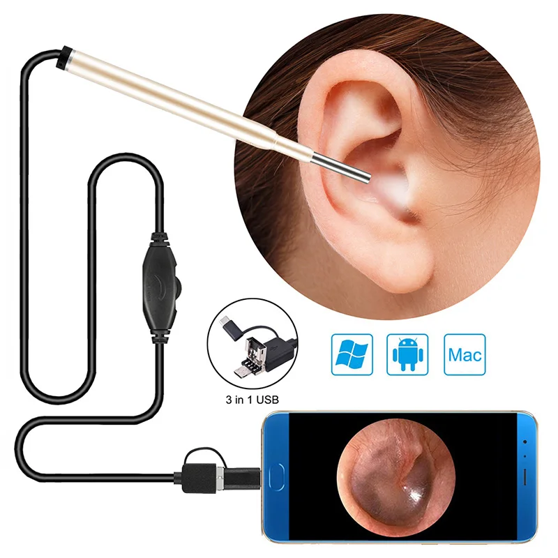 Фото 2018 3.9MM Child Ear Otoscope 3 in 1 Cleaning Endoscope Scope Camera with 6 Adjustable LEDs For PC USB-C Android | Безопасность и