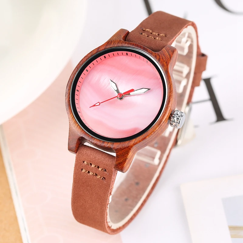Unique Women Watch Wood Luxury Coral Blue Chic Red Casual Quartz Wooden Clock For Women Genuine Leather Wrist Watch Reloj Mujer