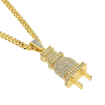 Hip Hop Bling Ice Out Full Rhinestones Plug Pendants Necklace for Men Rapper Jewelry with 28inch cuban chain Gold Silver color
Hip Hop Bling Ice Out Full Rhinestones Plug Pendants Necklace for Men Rapper Jewelry with 28inch cuban chain Gold Silver color