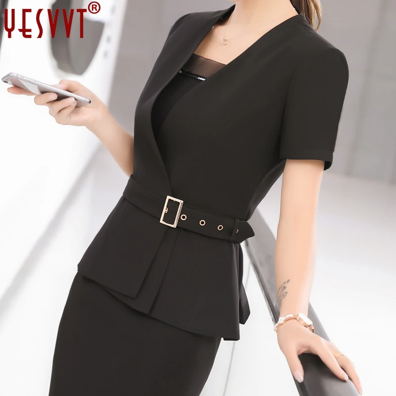 Image yevvt Women Blazer Set Two pieces Suits Summer Ladies Formal Skirt Suit Office Uniform Style Female Business Suit For Work Wear