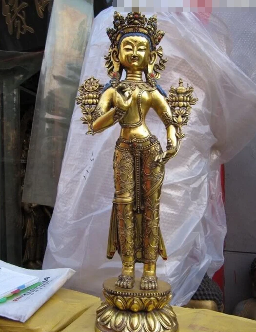 

fast shipping USPS to USA S3408 Tibet Buddhism Bronze Gild White Tara Padmapani Kwan-Yin Guan yin Buddha Statue