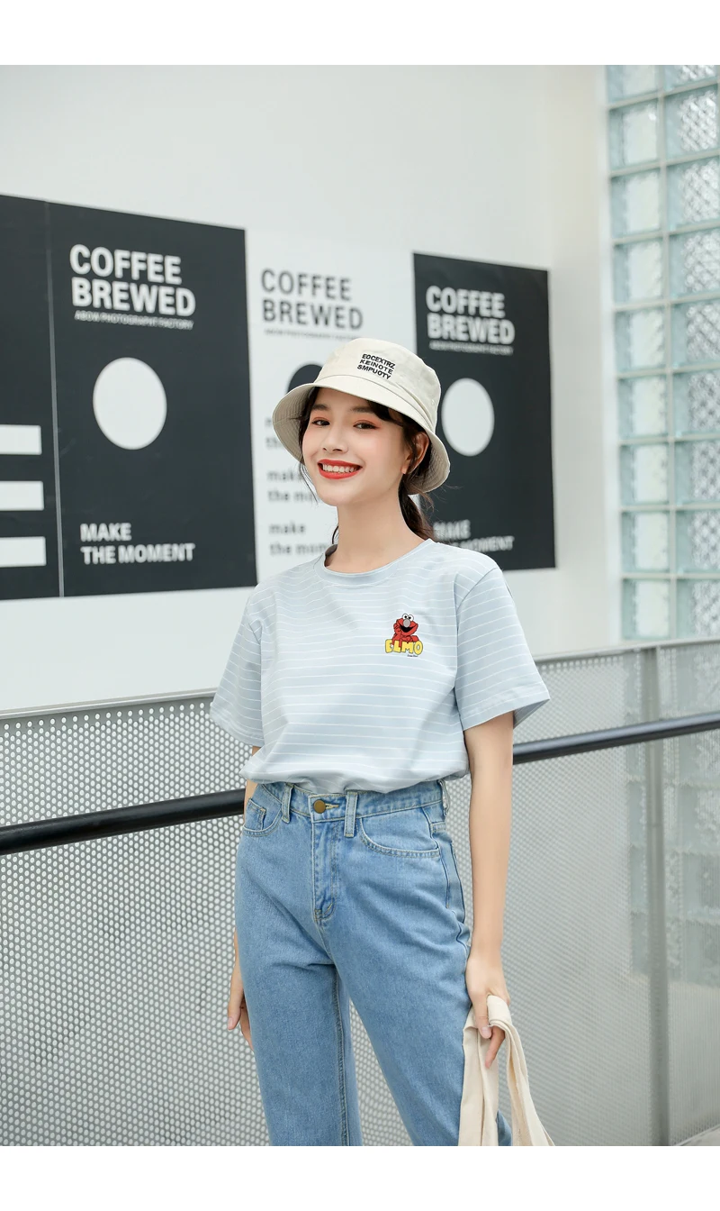 Sesame Street Elmo T Shirt Women Casual Harajuku Kawaii Cartoon Print Tshirt Loose Streetwear Tumblr Ulzzang Cotton Striped Tops (10)