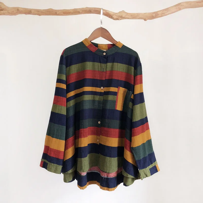 2019 Autumn Spring Loose Retro Colorful Striped Women Shirts Pocket Casual Cotton Linen Literary Irregular Lady Vintage Blouse
2019 Autumn Spring Loose Retro Colorful Striped Women Shirts Pocket Casual Cotton Linen Literary Irregular Lady Vintage Blouse