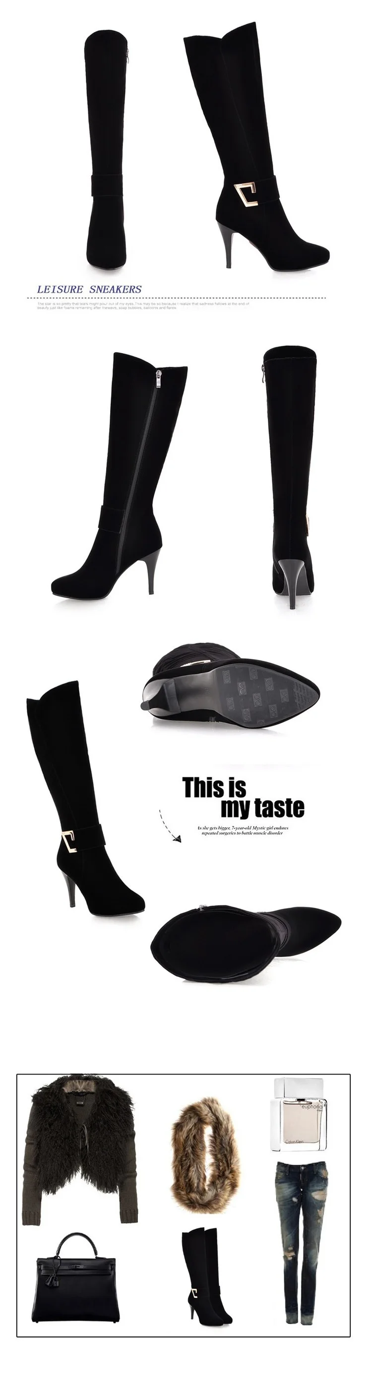 Womens Elegant Belt Buckle Pointed Toe Stiletto Heel Shoes Autumn And Winter Suede Cheap Black Heeled Knee High Knight Boots5
