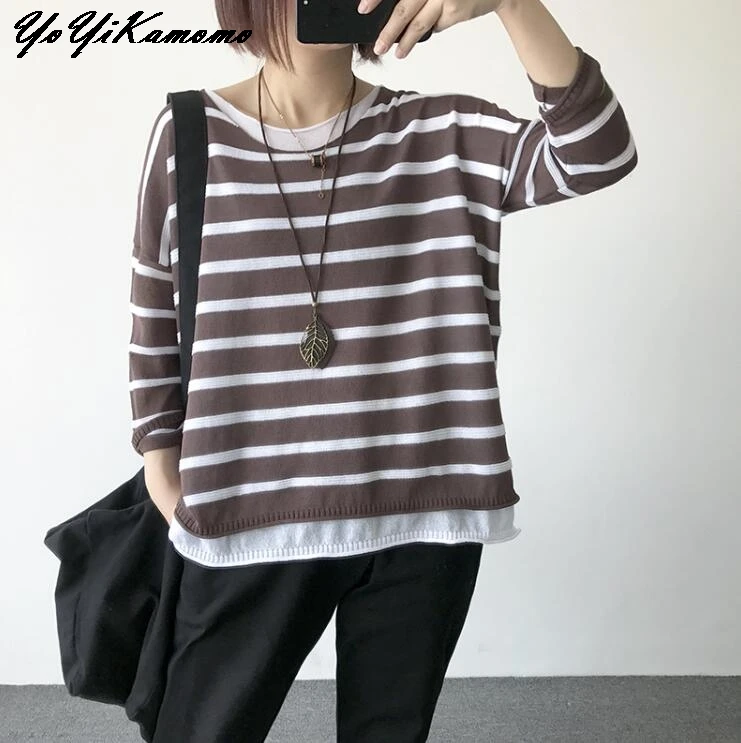Women T Shirt 2019 Autumn Spring Ladies Tops Striped Cotton Fake Two Loose Long Sleeve Loose Casual Style T Shirt
Women T Shirt 2019 Autumn Spring Ladies Tops Striped Cotton Fake Two Loose Long Sleeve Loose Casual Style T Shirt