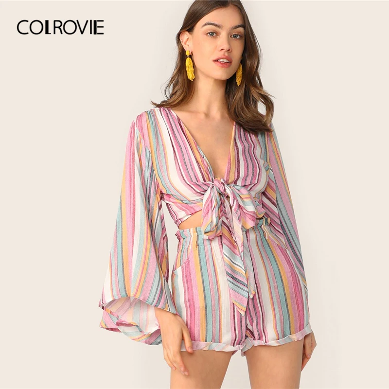 COLROVIE Tie Front Bell Sleeve Striped Colorblock Top With Cuffed Shorts Set Women Boho 2019 Summer V Neck Two Piece Set Outfits
COLROVIE Tie Front Bell Sleeve Striped Colorblock Top With Cuffed Shorts Set Women Boho 2019 Summer V Neck Two Piece Set Outfits