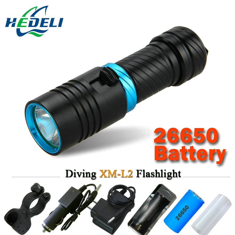 

100M Diver Flashlight LED cree xm-l2 Torch constant current 18650 OR 26650 rechargeable batteries Underwater Diving Light Lamp