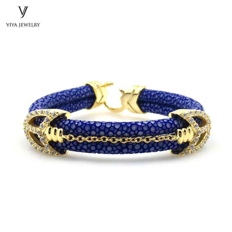 luxury 925 silver arrow bracelet with real stingray & python leather with zircon (2)