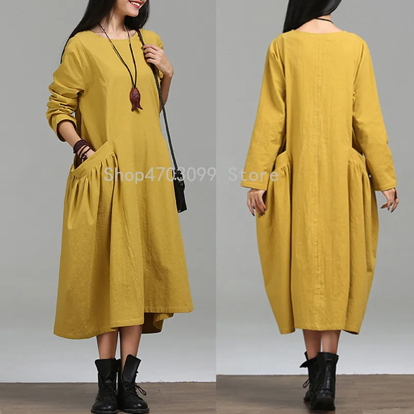 Solid Yellow Color Women Plus Size Large Pocket Round Neck Long Sleeves Cotton Linen Loose Long Casual Dress For Women
Solid Yellow Color Women Plus Size Large Pocket Round Neck Long Sleeves Cotton Linen Loose Long Casual Dress For Women