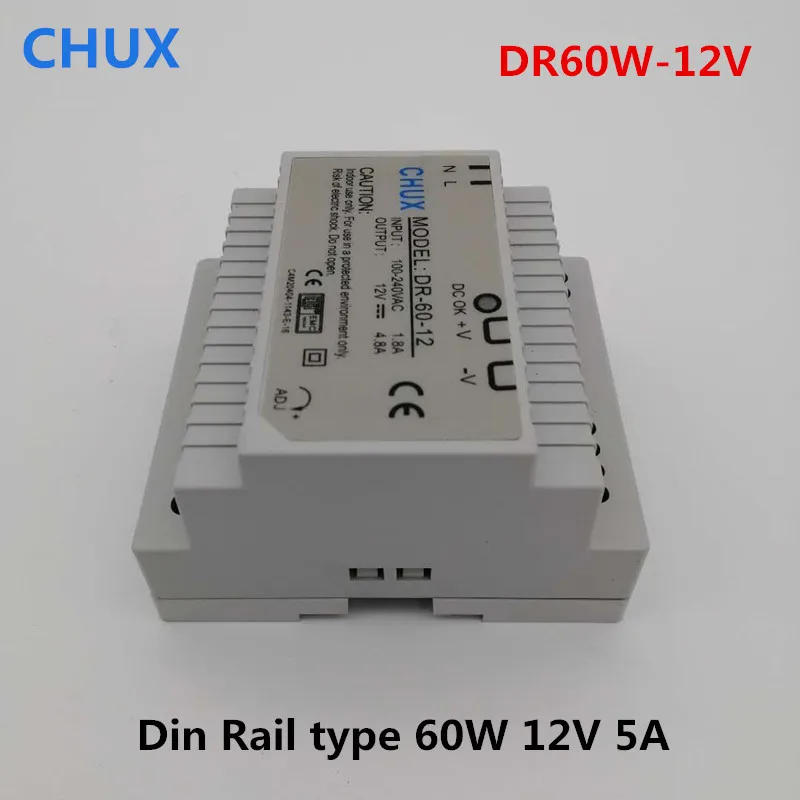 CHUX 60W 12V Switching Power Supply Din Rail Type DR-60W-12V DC 5A Output for Led Light Strip Industry SMPS
CHUX 60W 12V Switching Power Supply Din Rail Type DR-60W-12V DC 5A Output for Led Light Strip Industry SMPS
