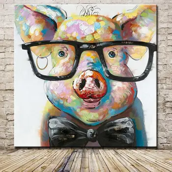 

Hand Painted Abstract Cartoon Animal Oil Painting On Canvas a Pig Wearing Glassess Wall Painting For Living Room Home Decoration