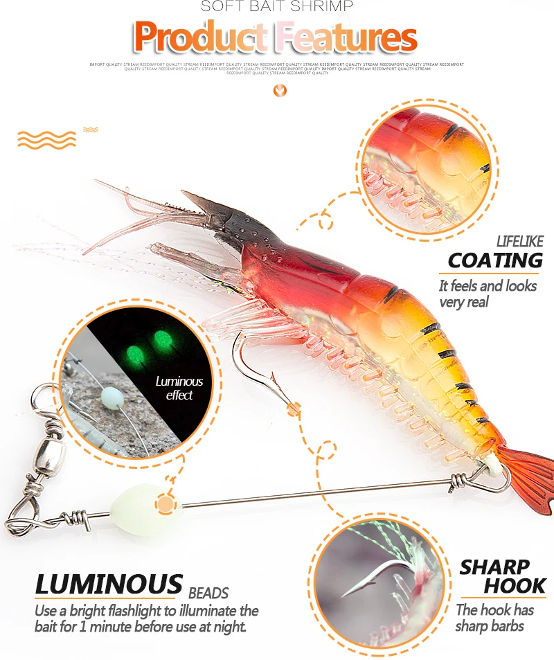 DONQL Soft Shrimp Fishing Lure 9cm5.6g Artificial Bait With Stainless Steel Wire Sharp Hooks Night Luminous Simulation Shrimp (3)