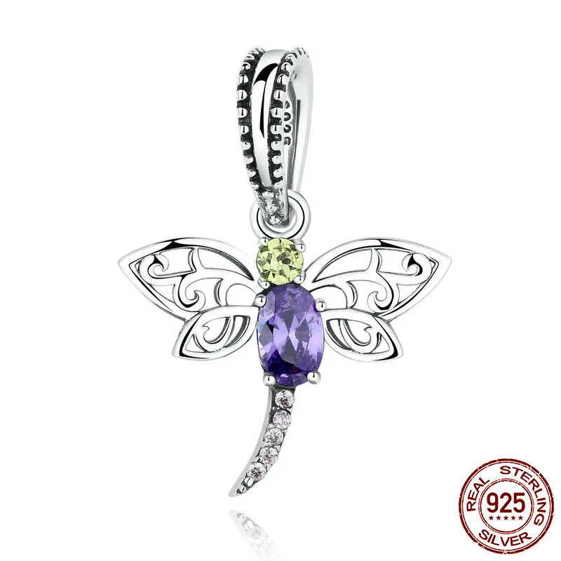 

925 Sterling Silver Dragonfly Insects Purple Charms Pendants fit DIY Bracelets for Women S925 Fine Jewelry SCC048