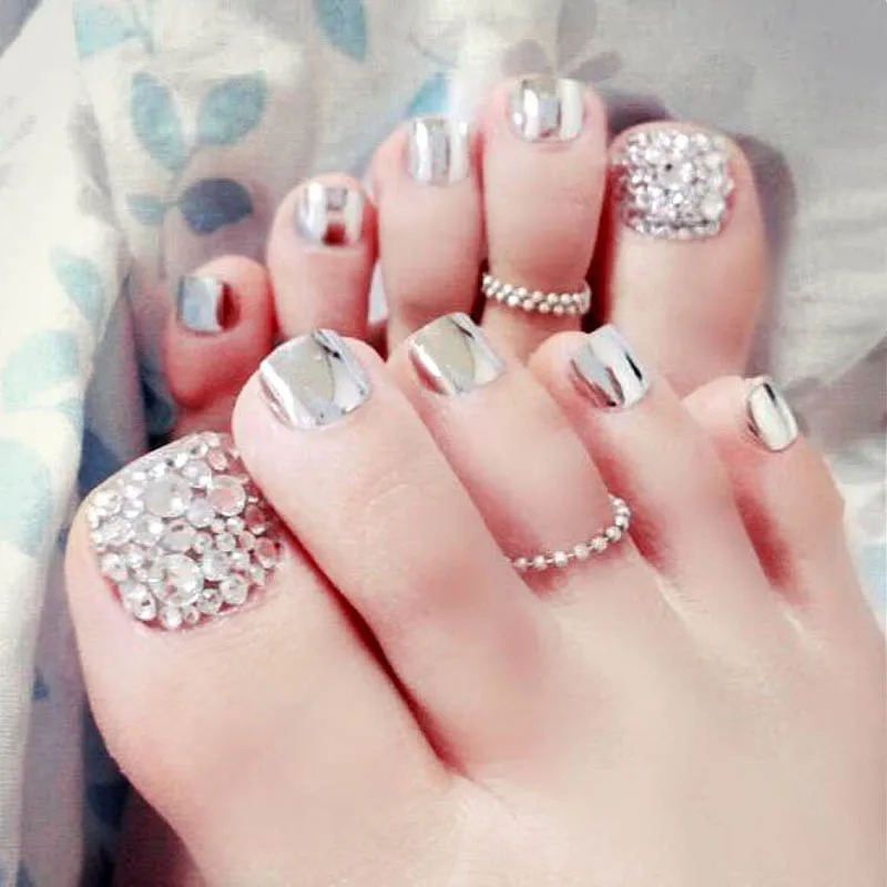 24 Pcs/Set Fashion Foot False Nail Tips Toe Art Tool Glitter Rhinestone Women Ladies Fake Toes Nails With Glue Drop Ship | Красота и