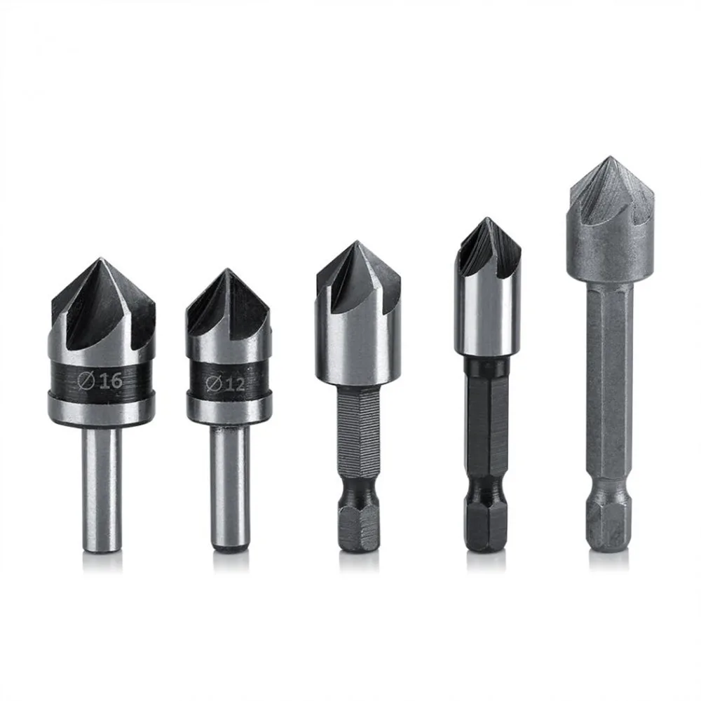 5pc Industrial 5 Flutes 82 Degree Countersink Drill Bit Set Wood Metal Working Chamfer and Deburring Tool (2)