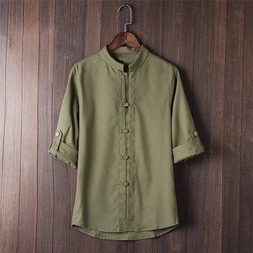 Men Classic Chinese Style Kung Fu Shirt Tops Tang Suit 34 Sleeve linen Blouse (13)