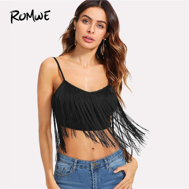 

ROMWE Fringe Embellished Crop Cami Top 2019 Black Sexy Backless Scoop Neck Top Spaghetti Strap Vest Women Summer Short Vest