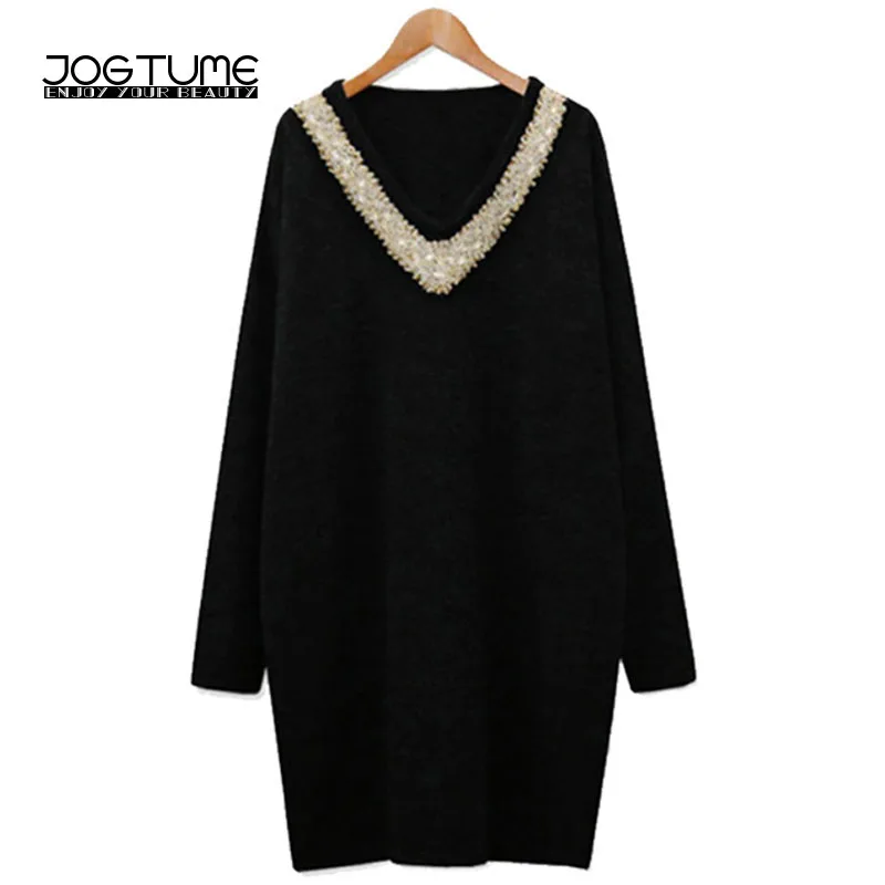 JOGTUME Sexy Mini Dress 2017 Autumn Womens Loose Dress with Nail Beads Long Sleeve V-neck Ladies Black Grey Slim Knitted Dress
JOGTUME Sexy Mini Dress 2017 Autumn Womens Loose Dress with Nail Beads Long Sleeve V-neck Ladies Black Grey Slim Knitted Dress