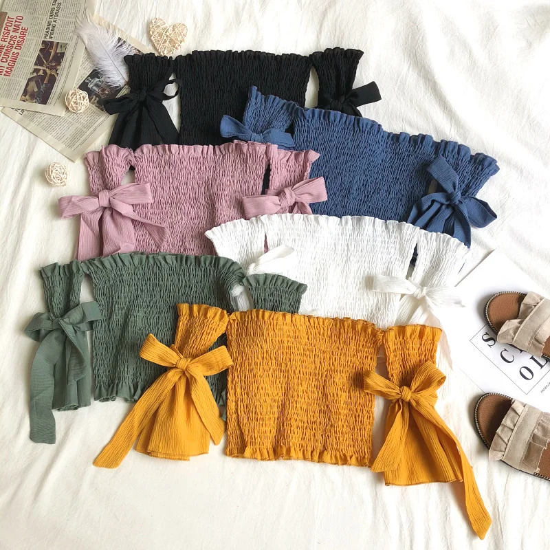 Women Summer Puff Sleeve Slash neck Pullover Bow Shirt Casual Short Elastic Slim High Waist Lace Up Bandage Ruffles Blouse Tops 
Women Summer Puff Sleeve Slash neck Pullover Bow Shirt Casual Short Elastic Slim High Waist Lace Up Bandage Ruffles Blouse Tops